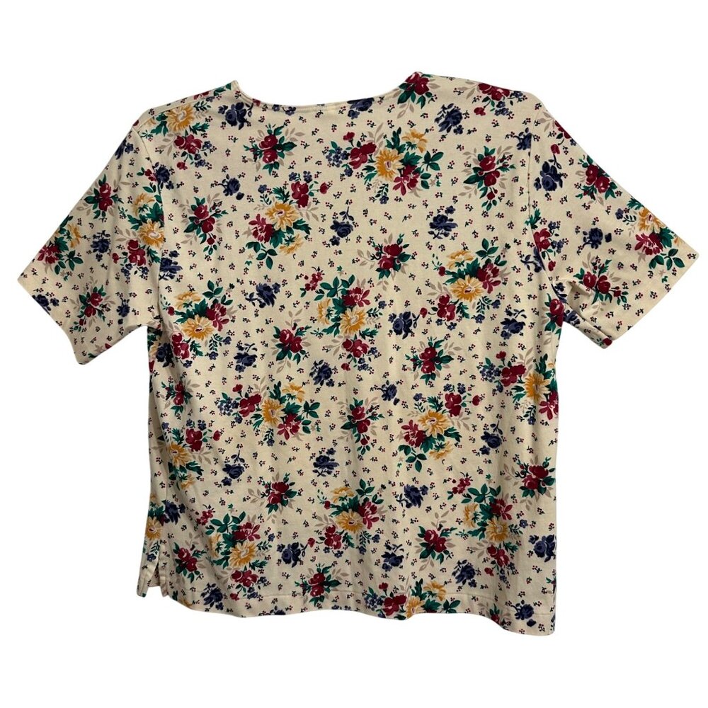 Lands End Womens Floral Cotton Short Sleeve Top XL Cream Multicolor Cottagecore - Picture 2 of 6